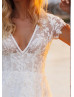 Short Sleeves Beaded Ivory Lace Tulle Keyhole Back Wedding Dress
